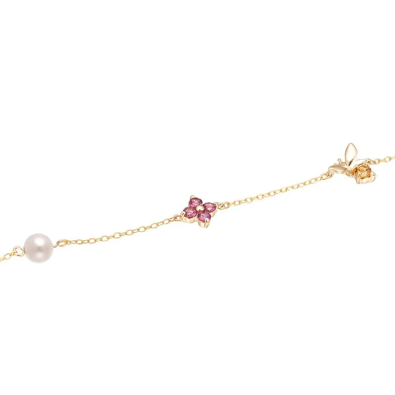 Emotional 925 Sterling Silver 14K Gold Plated Gemstone Pearl Butterfly Small Fresh Four-Leaf Clover Red Corundum Bracelet