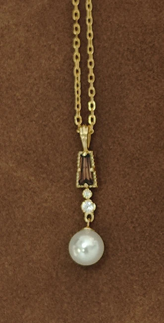 Factory 925 Sterling Silver 14K Gold Plated Gemstone Cz Geometric Trapezoid Natural Freshwater Pearls Brown Zircon Necklace