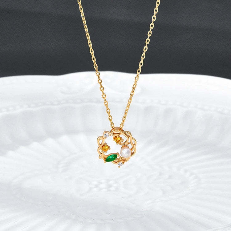 Emotional Factory 925 Sterling Silver 14K Gold Plated Gemstone Freshwater Pearl Crystal Round Necklace Flower Necklace