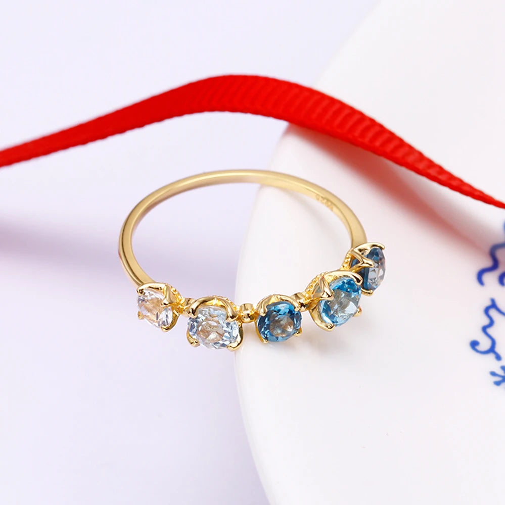 925 Sterling Silver 14K Gold Plated Gemstone Geometric Square Colourful Blue White Gradient Topaz Ring With Natural Stone