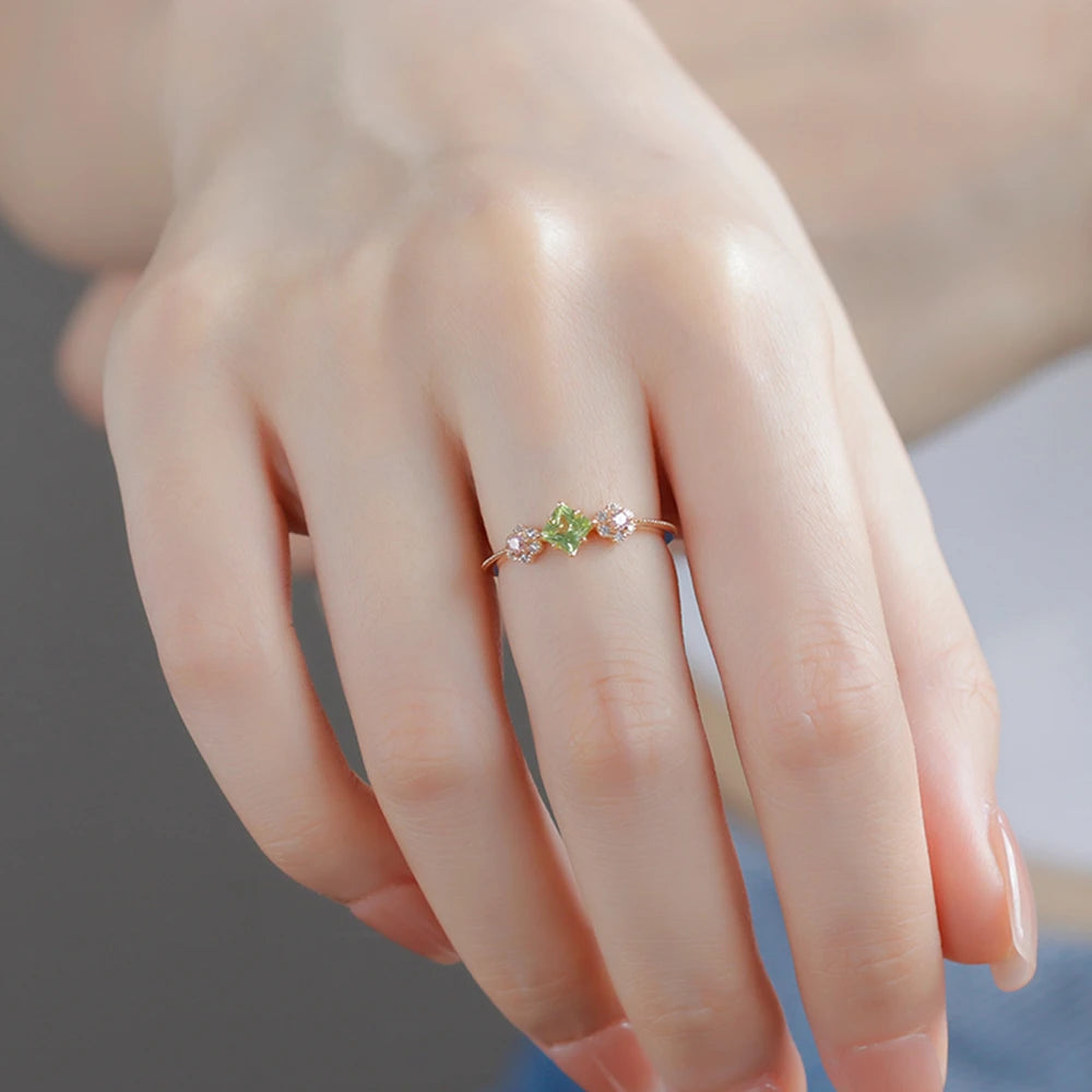 Emotional Factory 925 Sterling Silver 14K Gold Plated Gemstone Series Zircon Flowers Small Fresh Peridot Ring