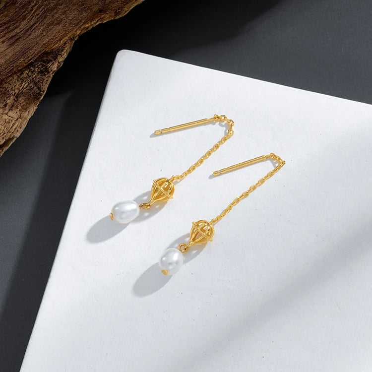 Emotional Factory 925 Sterling Silver 14K Gold Plated Gemstone Cage Basket Pearl String Earrings