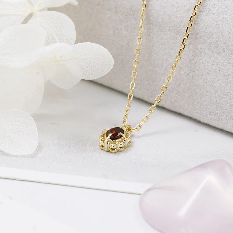 Emotional Factory 925 Sterling Silver 14K Gold Plated Gemstone Vintage Picture Frame Hollow Lace Natural Garnet Necklace