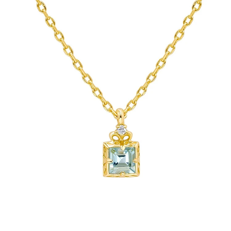 Emotional Factory 925 Sterling Silver 14K Gold Plated Gemstone Simplicity Zircon Geometric Square Aquamarine Necklace
