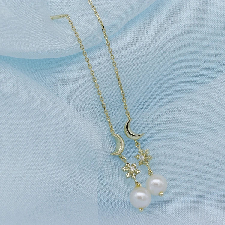 Emotional Factory 925 Sterling Silver 14K Gold Plated Gemstone Pearl Moon Star Long Line Earrings