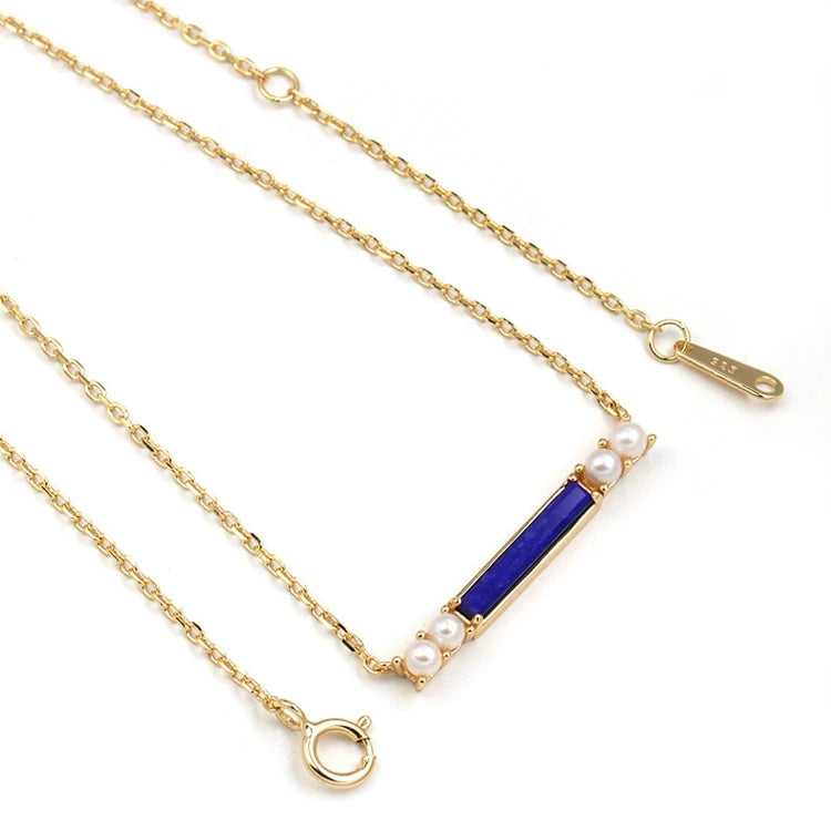 Gemstone Emotional Factory 925 Sterling Silver 14K Gold Plated Lapis Lazuli Horizontal Freshwater Pearl Necklace