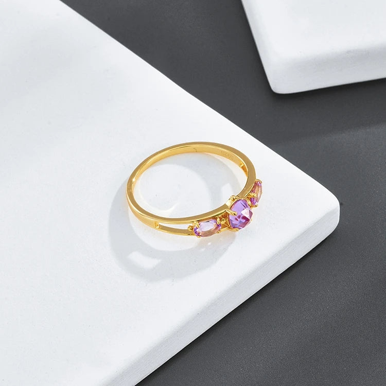 Emotional Factory 925 Sterling Silver 14K Gold Plated Gemstone 3 Stone Natural Amethyst Versatile Rings