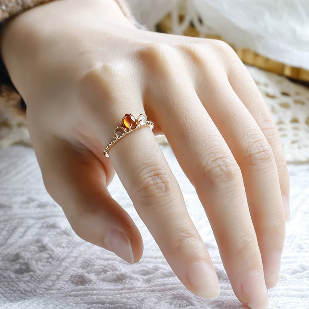 Emotional Factory 925 Sterling Silver 14K Gold Plated Gem Stone Gemstone Cz Zircon Natural Orange Garnet White Rock Crystal Ring