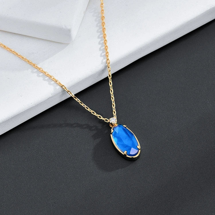 Emotional Factory 925 Sterling Silver 14K Gold Plated Gemstone Prong Setting Blue Glass White Shell Necklace