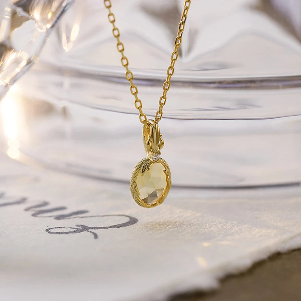 Emotional Factory 925 Sterling Silver 14K Gold Plated Gemstone Geometrical Egg-Shaped Spring Flowers Citrine Necklace