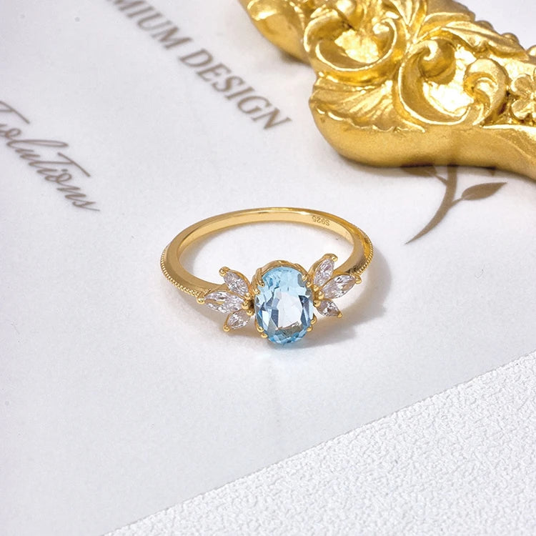 Emotional Factory 925 Sterling Silver 14K Gold Plated Gemstone Zircon Butterfly Shaped Sky Blue Natural Topaz Ring