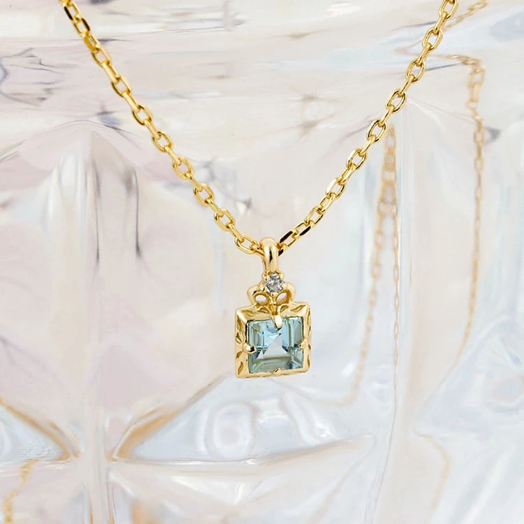 Emotional Factory 925 Sterling Silver 14K Gold Plated Gemstone Simplicity Zircon Geometric Square Aquamarine Necklace