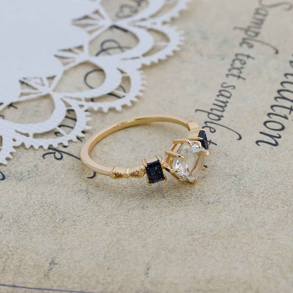 Emotional 925 Sterling Silver 14K Gold Plated Gem Stone Gemstone Geometric Square Round Blue Sandstone White Rock Crystal Ring
