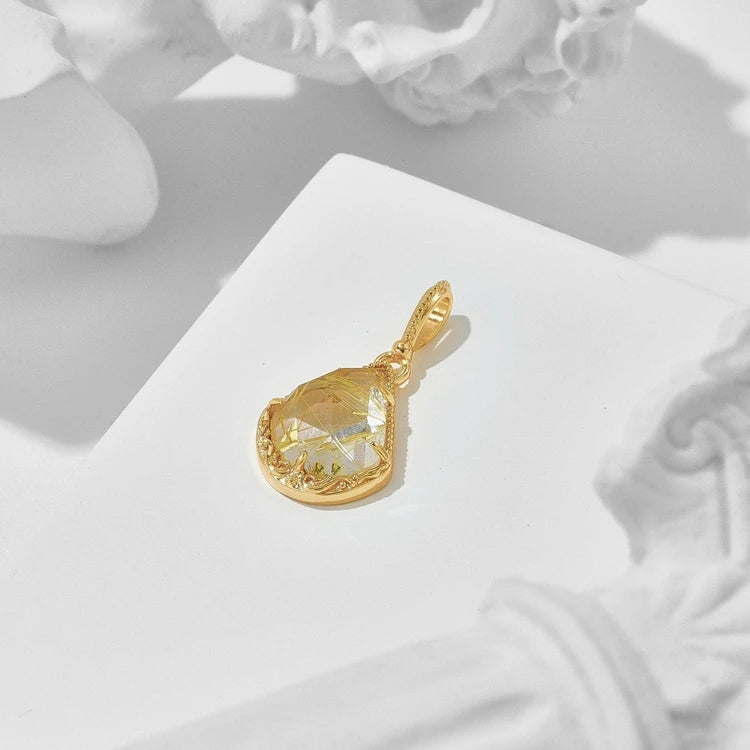 925 Sterling Silver 14K Gold Plated Gemstone Series Vintage Rose Cut Water Droplets Blonde Crystal Pendant