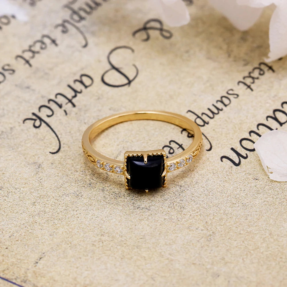 925 Sterling Silver 14K Gold Plated Gem Stone Gemstone Retro Cz Zircon Earrings Geometric Square Black Agate Carnelian Onyx Ring