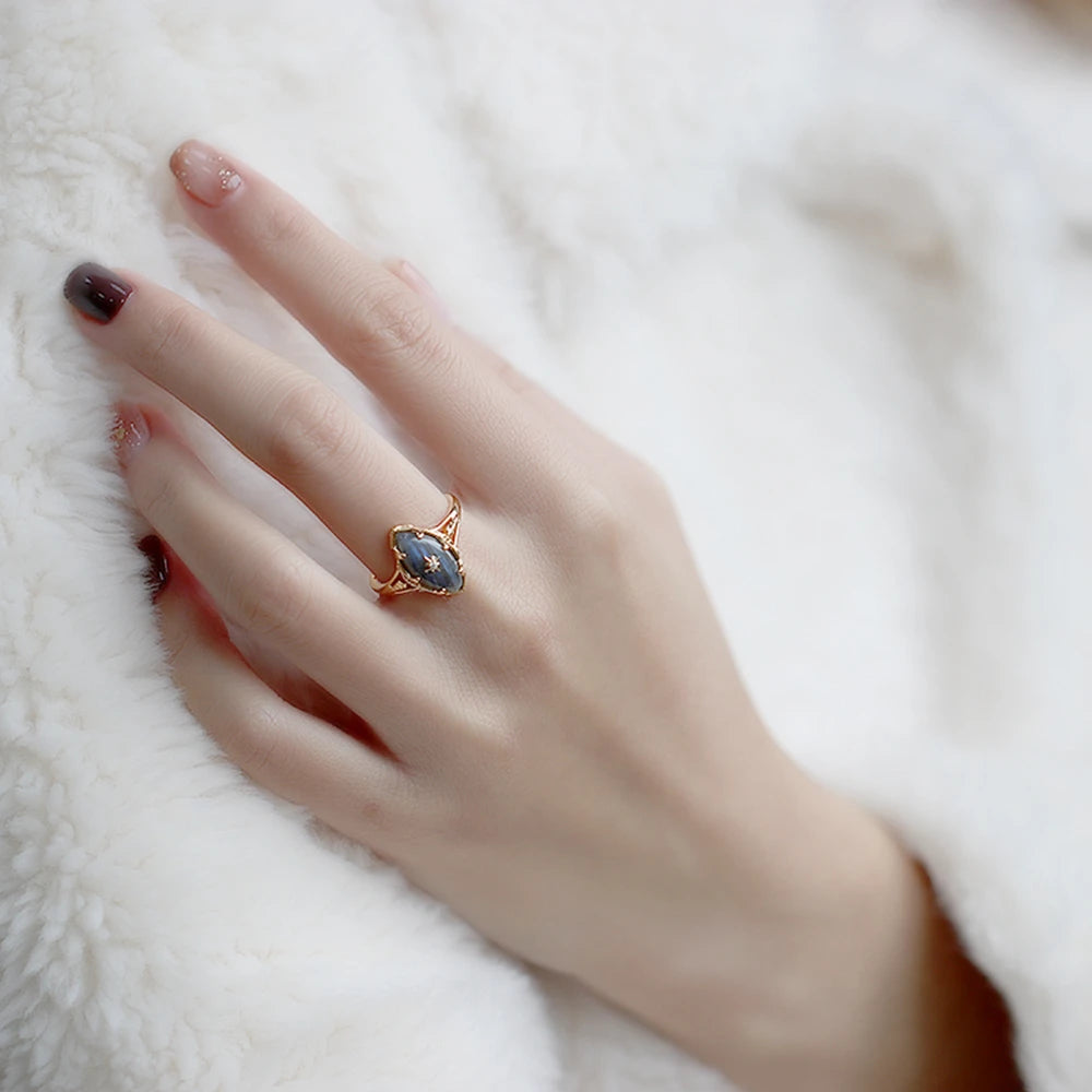 925 Sterling Silver 14K Gold Plated Gemstone Night Sky Stars Vintage Fantasy Women Grey Labradorite Ring