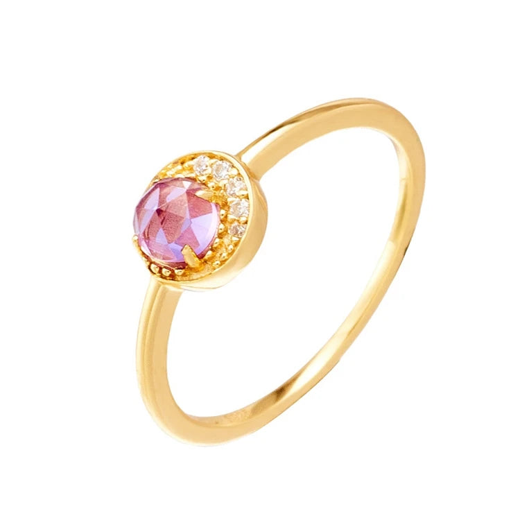 Emotional Factory 925 Sterling Silver 14K Gold Plated Gemstone Cz Zircon Moon Round Amethyst Ring