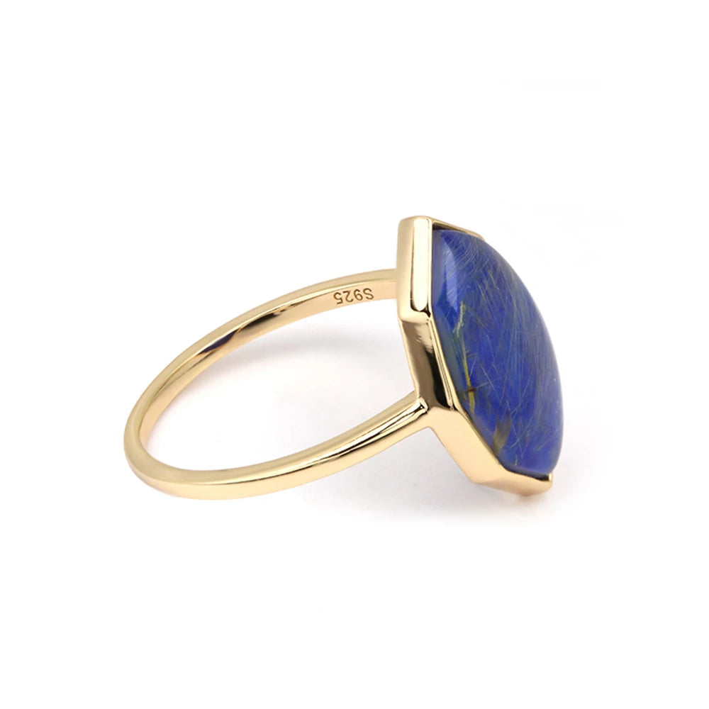 Factory Jewelry 925 Sterling Silver 14K Gold Plated Gemstone Series Blonde Crystal Lapis Lazuli Big Stone Ring