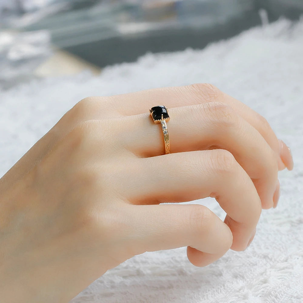 925 Sterling Silver 14K Gold Plated Gem Stone Gemstone Retro Cz Zircon Earrings Geometric Square Black Agate Carnelian Onyx Ring