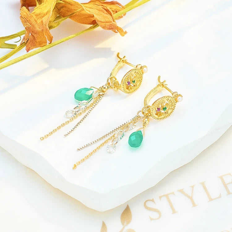 Emotional Factory 925 Sterling Silver 14K Gold Plated Gemstones Vintage Amethyst Pearl Chrysoprase Earrings