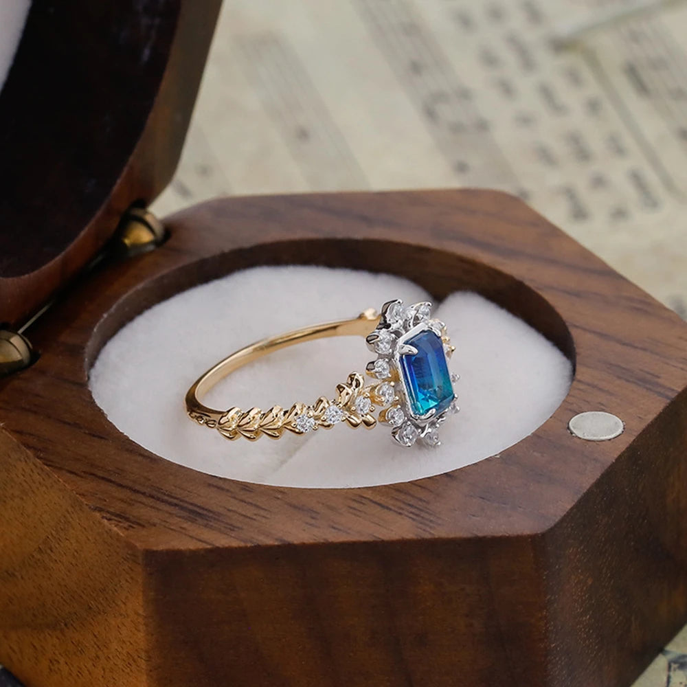 925 Sterling Silver 14K Gold Plated Gem Stone Gemstone Geometrical Dreams Galactic Star Fantasy Blue-Green Quartz Stone Ring