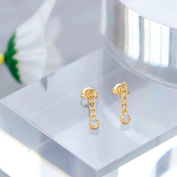 Emotional Factory 925 Sterling Silver 14K Gold Plated Gemstones Vintage Artificial Opal Simple Bead Chain Shaped Earrings