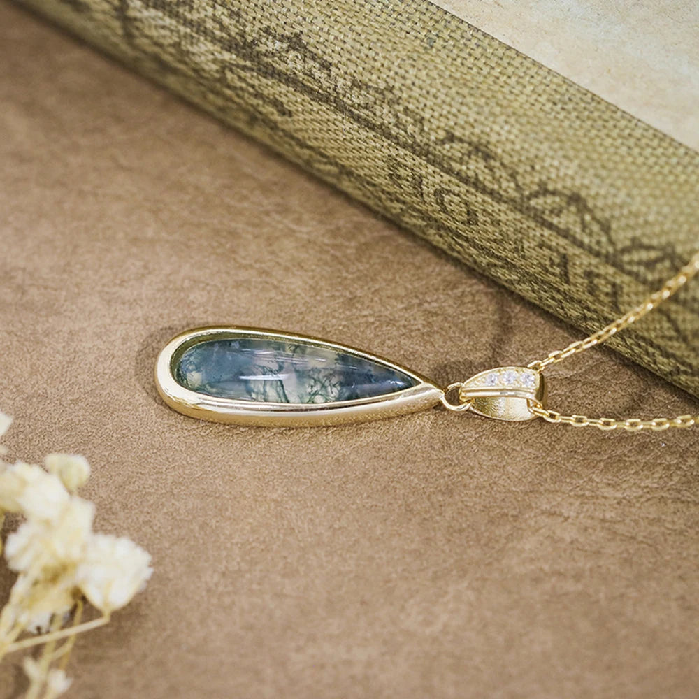 Factory 925 Sterling Silver 14K Gold Plated Gemstone Middle Ages Vintage Style Geometric Strip Drops Moss Agate Pendant