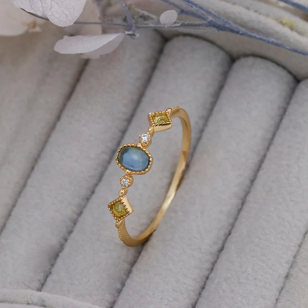 Emotional Factory Jewelry 925 Sterling Silver 14K Gold Plated Gemstone Series 3 Stone Rings Green Peridot Aquamarine Ring