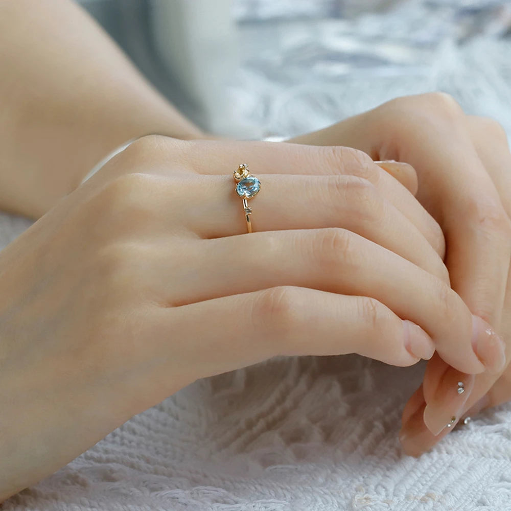 Emotional Factory 925 Sterling Silver 14K Gold Plated Gem Stone Gemstone Irregular Citrine Sky Blue Topaz Ring