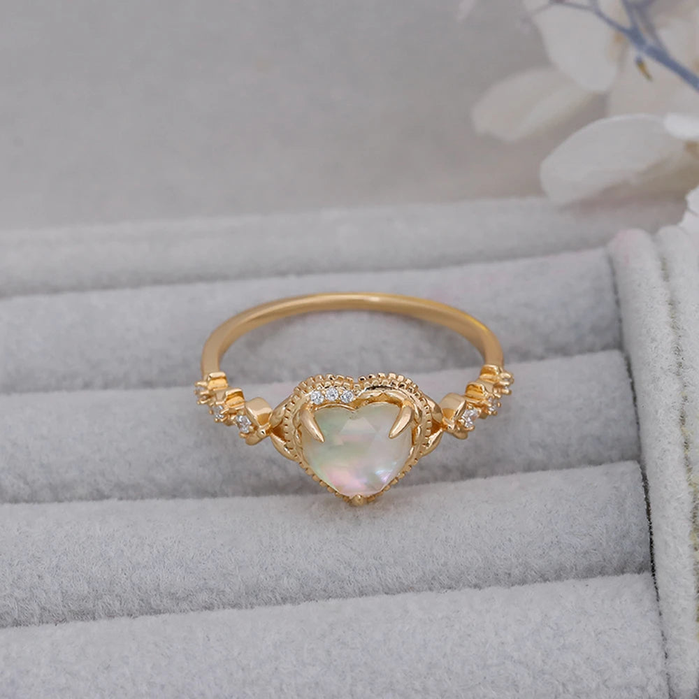 925 Sterling Silver 14K Gold Plated Gemstone Retro  Cz Zircon Colored Shell White Crystal Rock Crystal Heart Ring