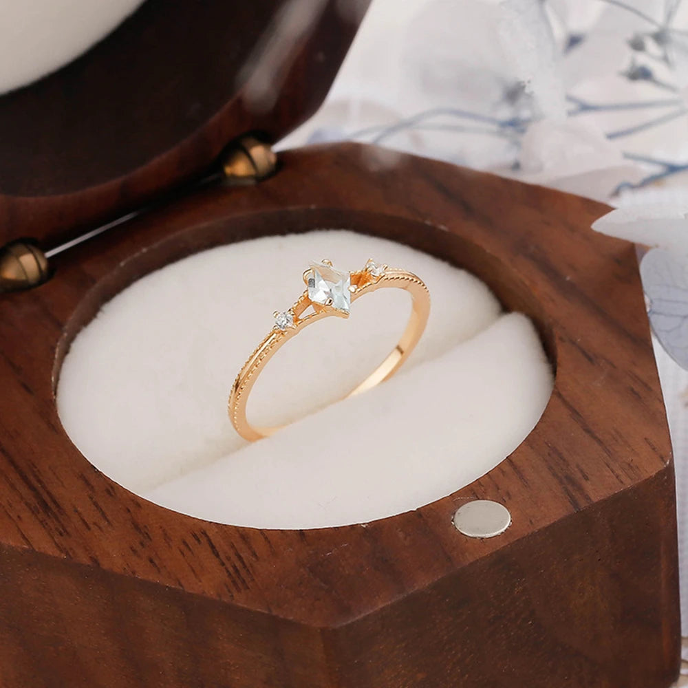 925 Sterling Silver 14K Gold Plated  Natural Stone Gemstone Geometrical Bead Simple Diamond Topaz Ring