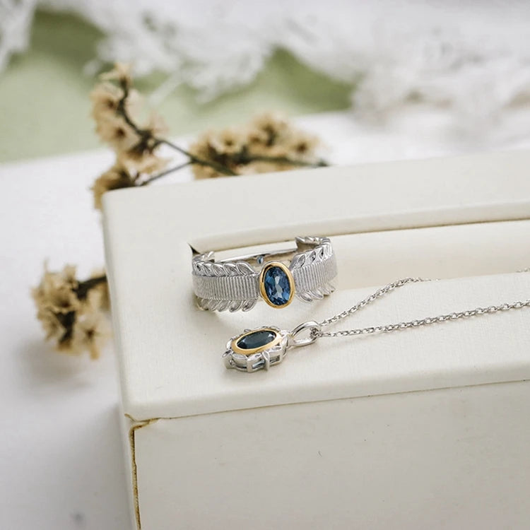 Emotional Factory 925 Sterling Silver 14K Gold Plated Gem Stone Gemstone Granule Leaves Petals London Blue Topaz Ring