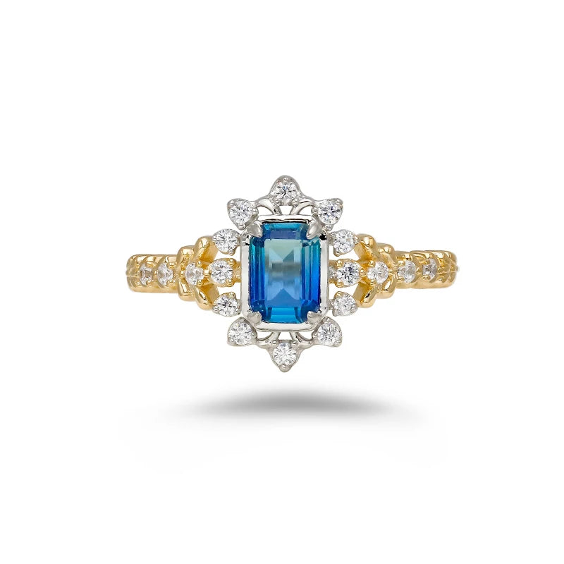 Japanese Light Luxury 14K Gold Plated Green Blue Glass White Zircon Stone Two Tone Silver Ring