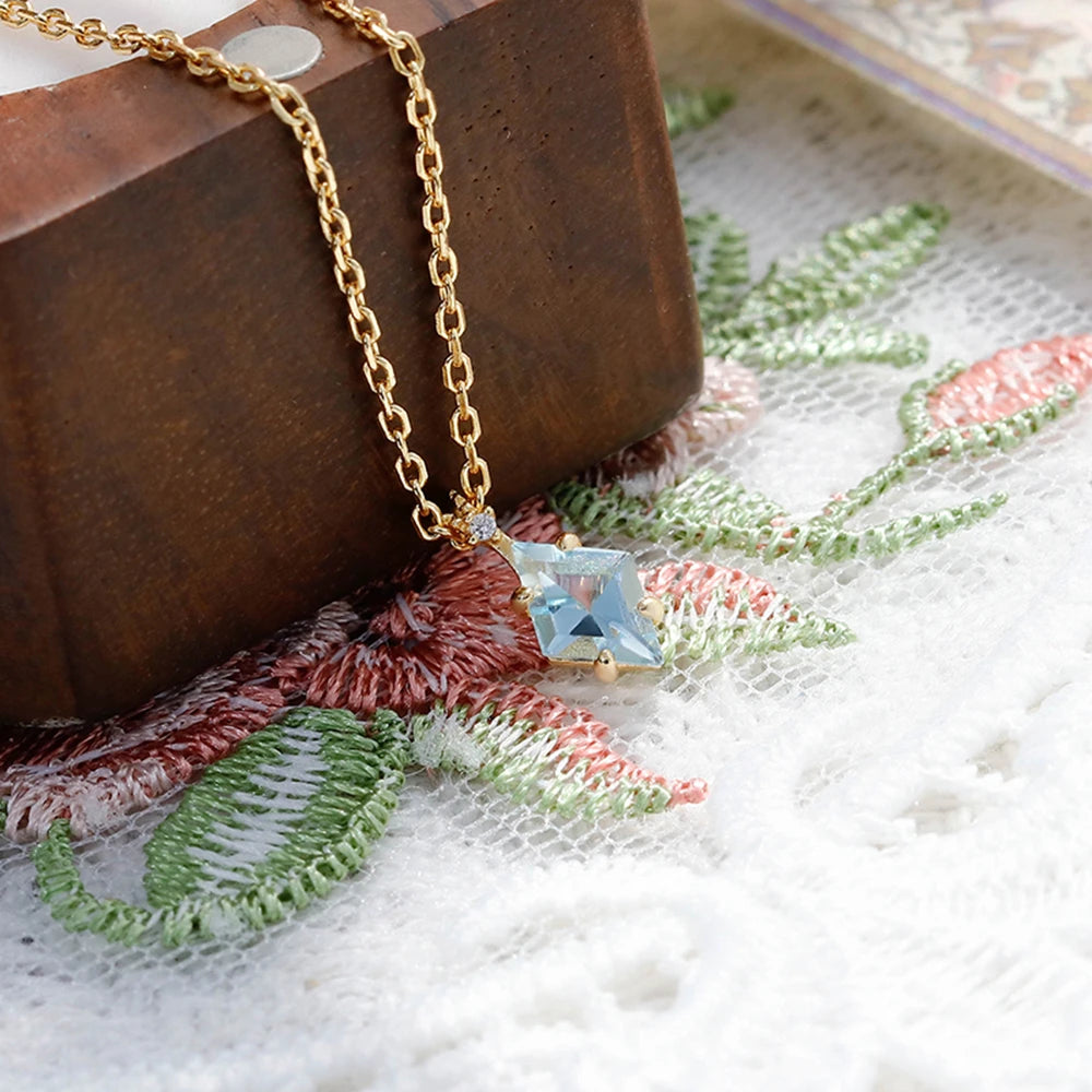 925 Sterling Silver 14K Gold Plated Gemstone Geometrical Bead Simple Diamond Topaz Necklace