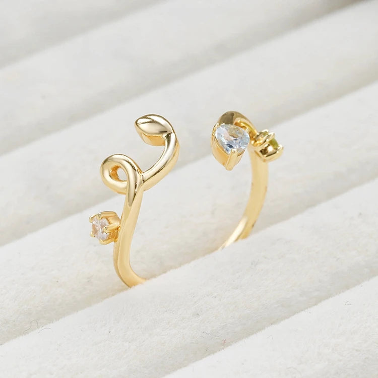 Emotional Factory 925 Sterling Silver 14K Gold Plated Gemstone Minimalist Lines Adjustable Opening Aquamaro Ring