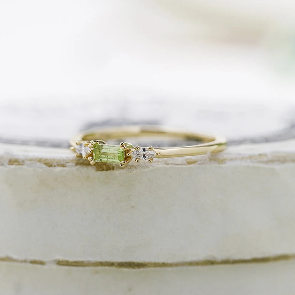 Joyeria Al Por Mayor Factory 925 Sterling Silver Gold Plated Gemstone Cz Zircon Geometric Rectangular Stone Green Peridot Ring