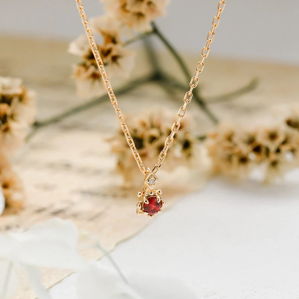 Emotional Factory 925 Sterling Silver 14K Gold Plated Gem Stone Gemstone Simplicity Single Round Stone Lab-Grown Ruby Necklace