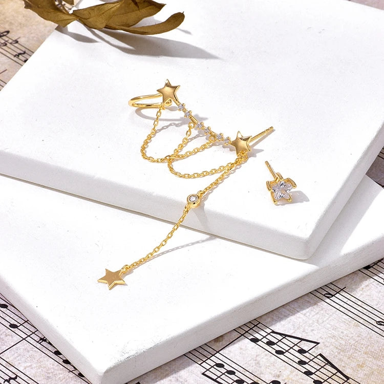 Emotional Factory 925 Sterling Silver 14K Gold Plated Gemstone Irregular Bezel Chain Tassel Star Earrings