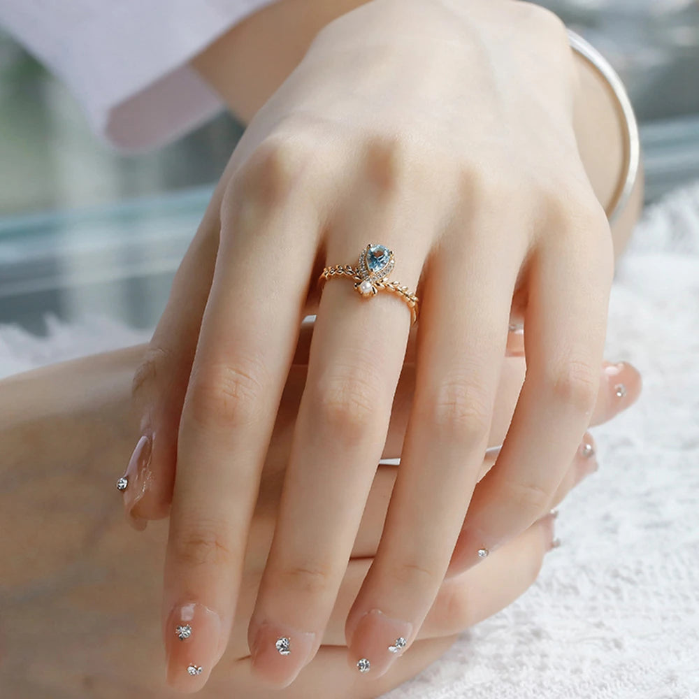 Cz Zircon Peace Wheat Ears Sky Blue Topaz Ring