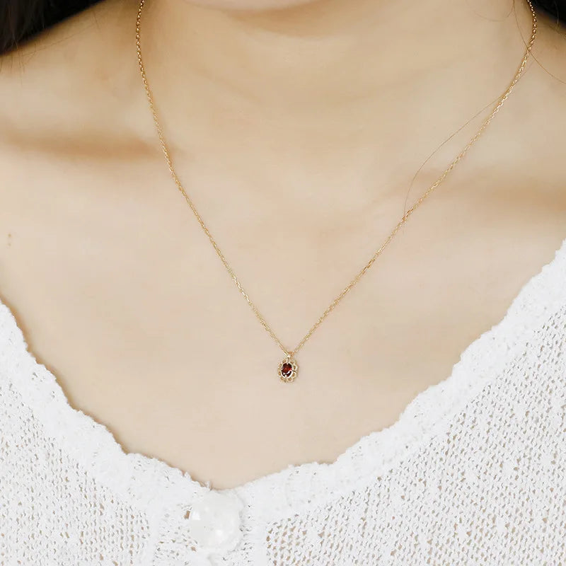 Emotional Factory 925 Sterling Silver 14K Gold Plated Gemstone Vintage Picture Frame Hollow Lace Natural Garnet Necklace