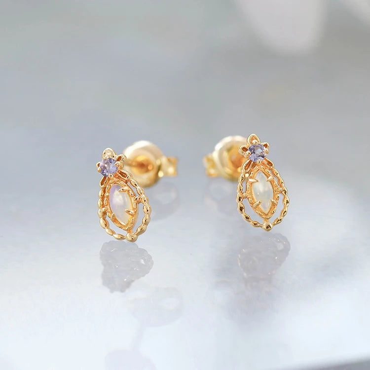 Emotional Factory 925 Sterling Silver 14K Gold Plated Gemstones Vintage Light Luxury Tanzanite Zirconia Opal Australia Earrings