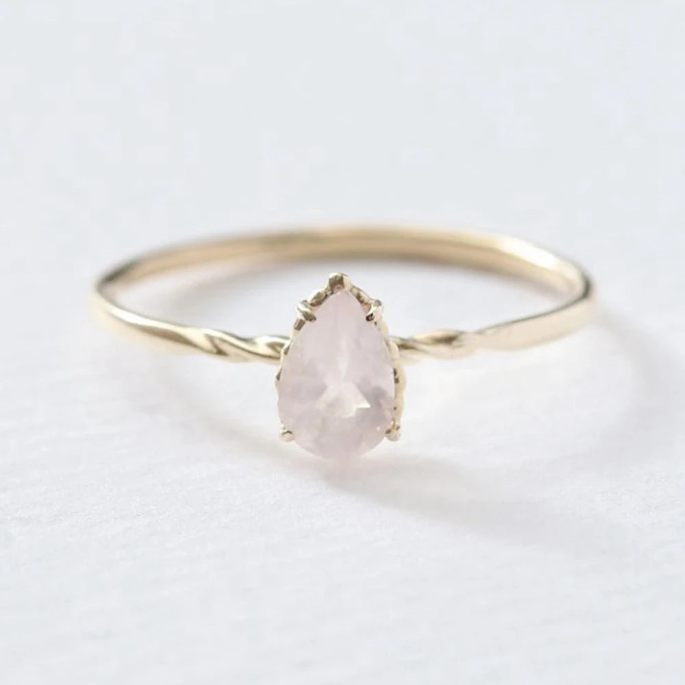 Emotional Factory 925 Sterling Silver 14K Gold Plated Gem Stone Gemstone Twisted Pattern Drop Cz Zircon Rose Quartz Ring