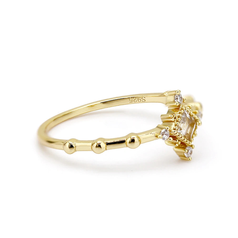 Custom 925 Sterling Silver 14K Gold Plated Natural Stone Gemstone Gem White Topaz Geometry Square Ring
