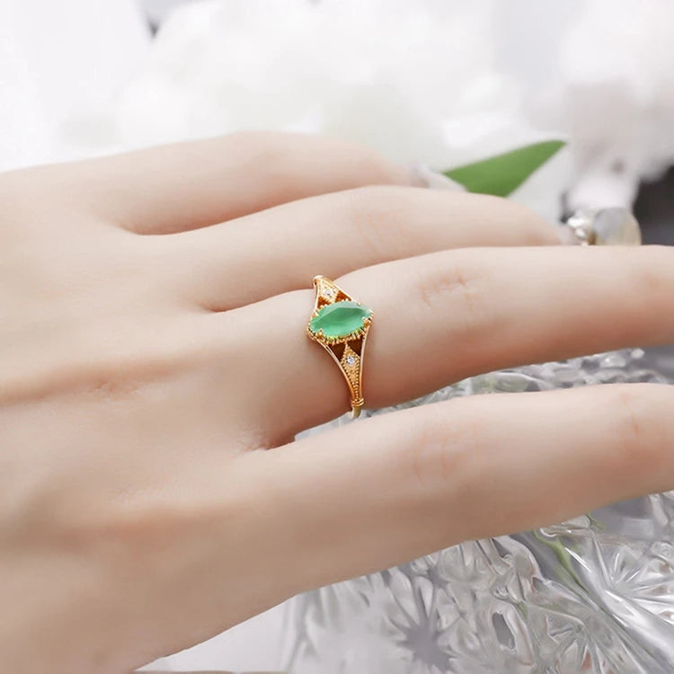 Emotional Factory 925 Sterling Silver 14K Gold Plated Gem Stone Gemstone Cz Zircon Geometric Drop Light Green Chalcedony Ring