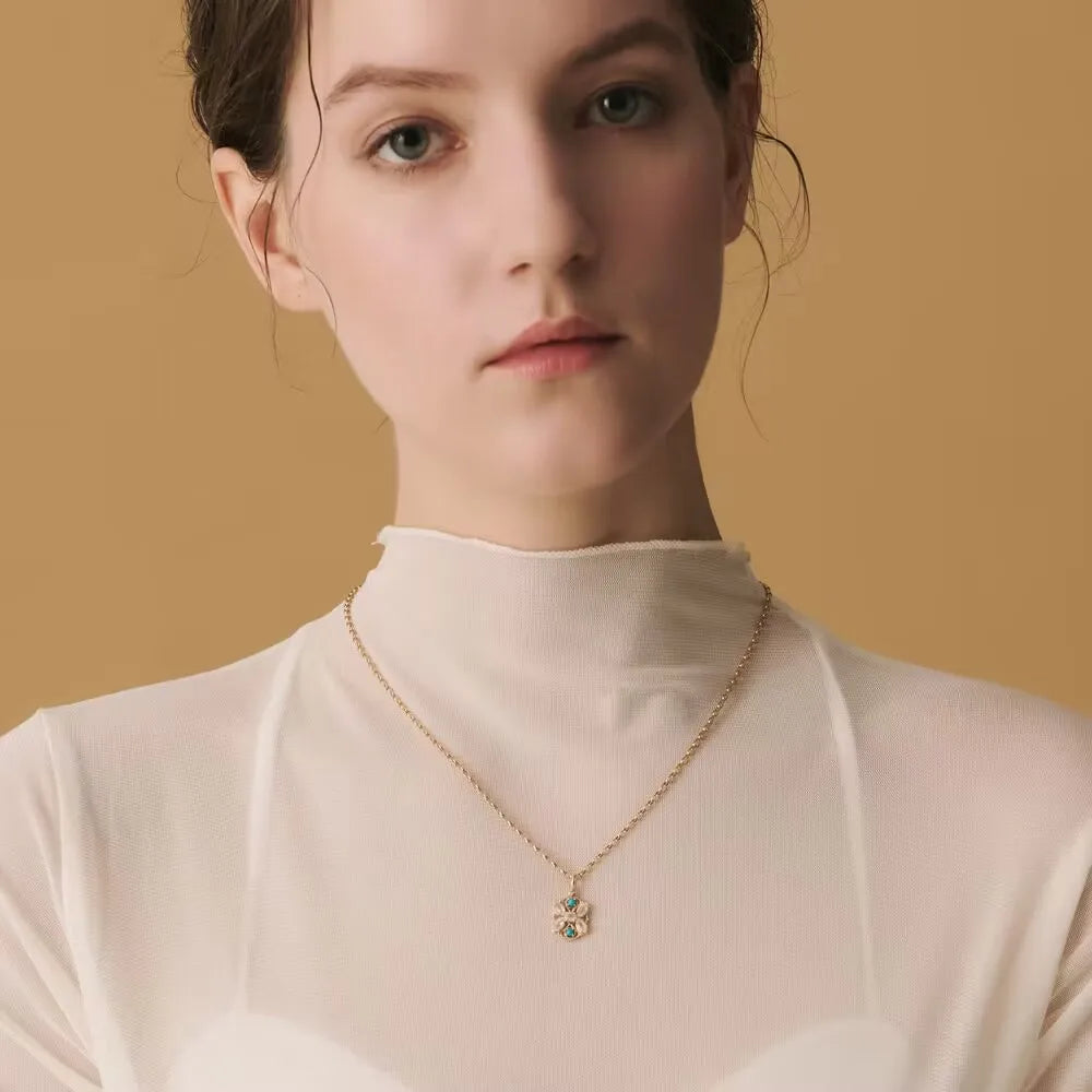 Niche Retro Hollow Design Opal+TurquoiseS925Silver Gold-plated Pendant