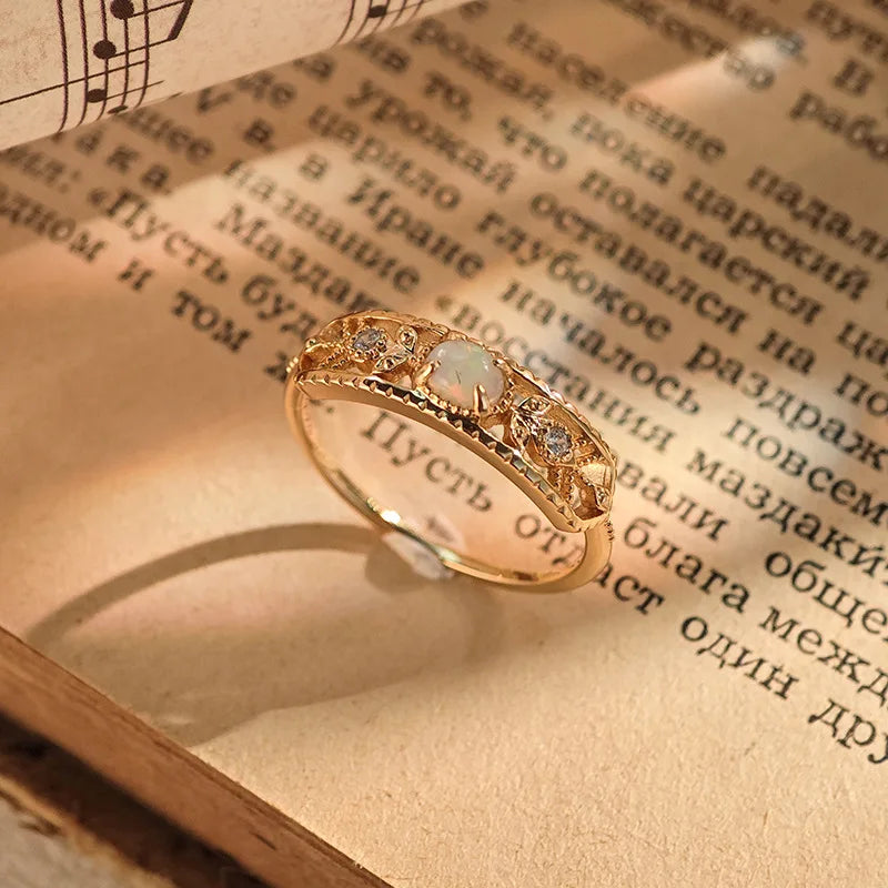 Emotional Factory 925 Sterling Silver 14K Gold Plated Gemstone Retro Hollow Opal Ring for Women
