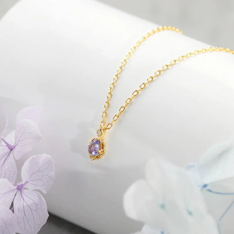 Emotional Factory 925 Sterling Silver 14K Gold Plated Gemstones Classic Water Drop Shape Geometry Zircon Tanzanite Necklace