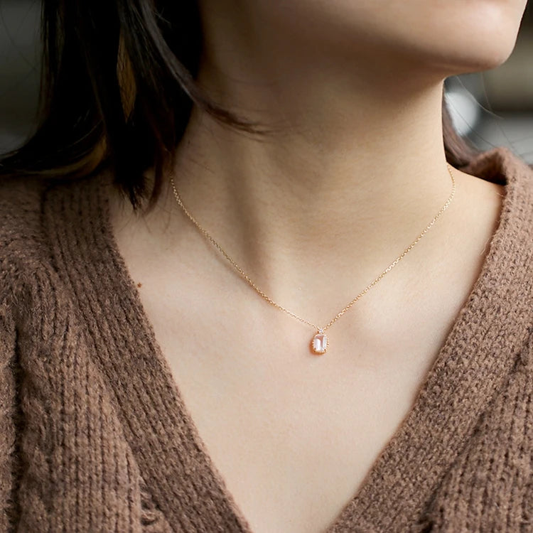 Emotional Factory 925 Sterling Silver 14K Gold Plated Gemstone 8Mm Stone Rectangle Pink Crystal Necklace