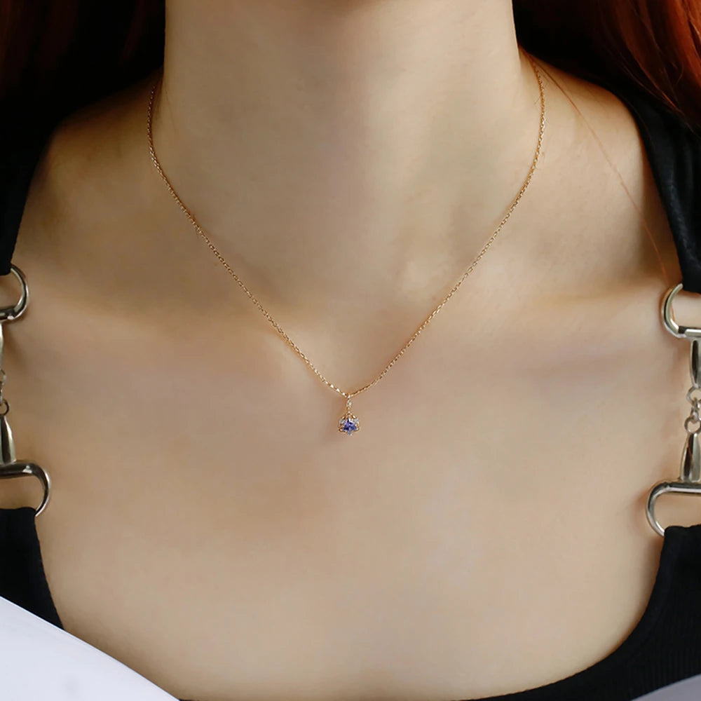 925 Sterling Silver 14K Gold Plated Gemstone Retro Hollow Geometric Triangle Tanzanite  Necklace