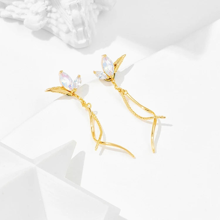 Emotional Factory 925 Sterling Silver 14K Gold Plated Gemstone Zircon Line Leaves Synthetic Opal Earrings